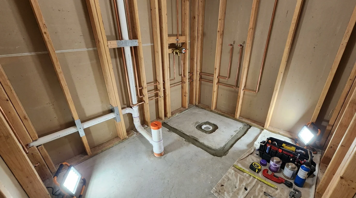 Bathroom rough-in plumbing during remodel by Johns Plumbing LLC in Lynchburg