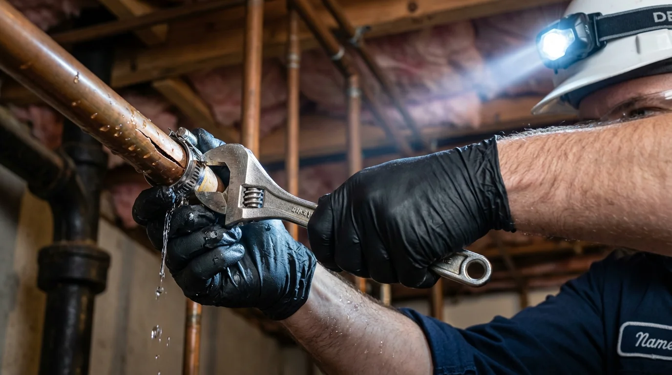 Emergency pipe clamp repair being performed by a Johns Plumbing LLC plumber in Lynchburg