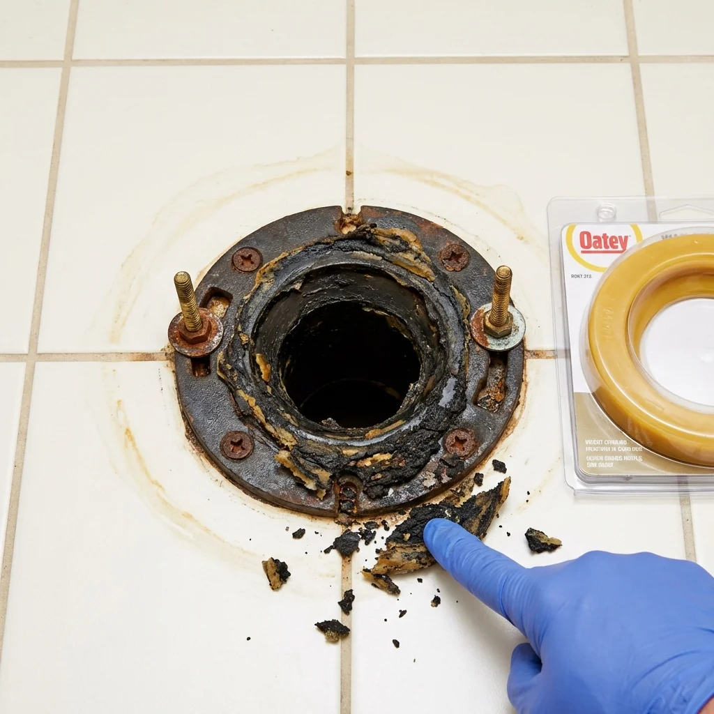 Failed wax ring showing water seepage at the base of a toilet in a Lynchburg, TN home
