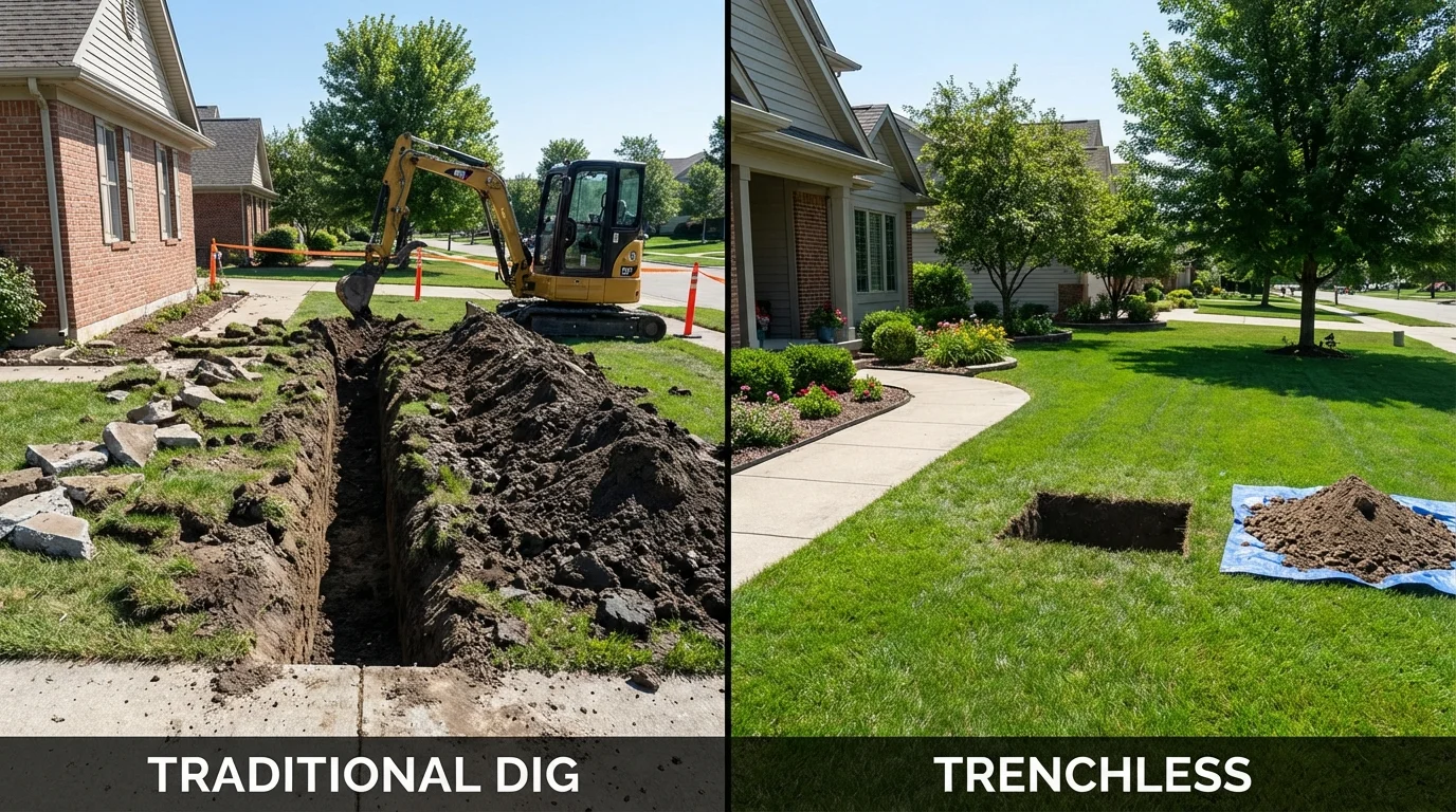 Trenchless sewer repair with minimal yard damage versus traditional excavation in Lynchburg, TN