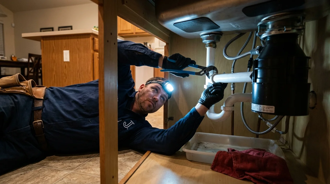 P-trap and supply line connections under a kitchen sink showing a common leak point in Lynchburg, TN